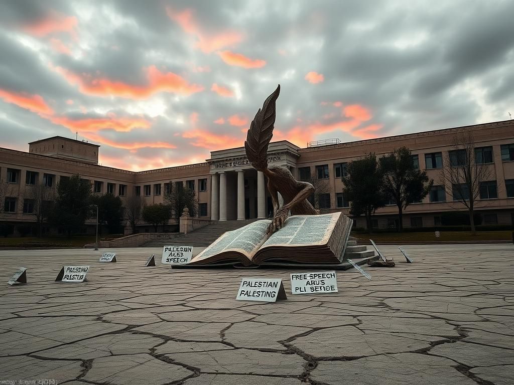 Flick International Empty university campus with protest signs advocating for Palestinian rights