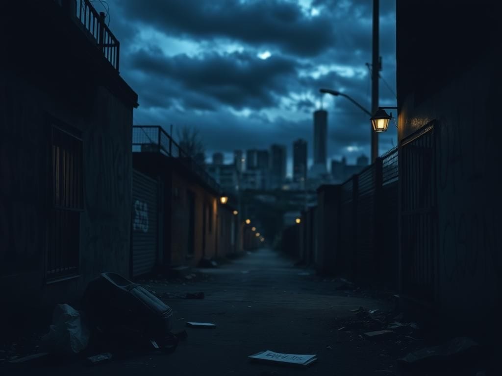 Flick International Dark urban landscape depicting a foreboding alleyway associated with criminal activity