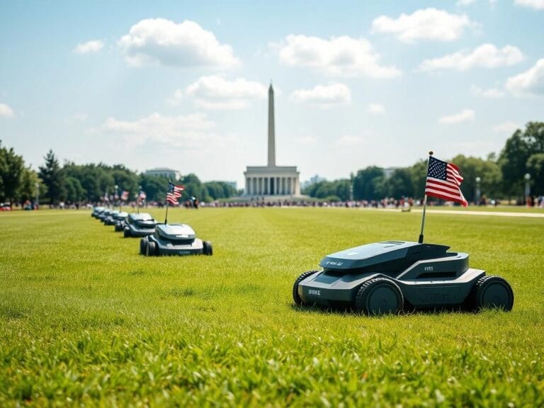 Flick International Advanced AI-controlled lawnmowers cutting grass on the National Mall