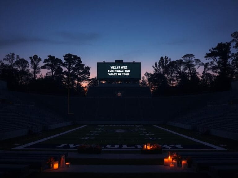 Flick International Empty college football stadium at twilight with flowers and candles