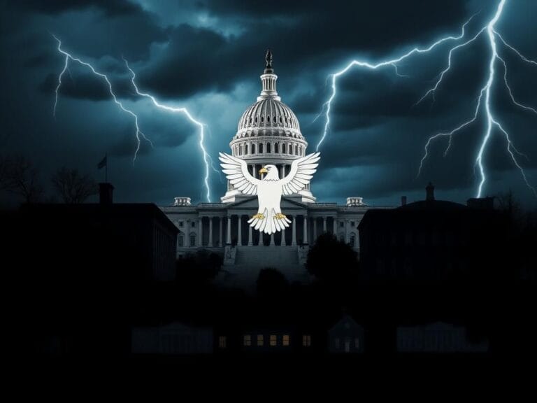 Flick International Dark Capitol building under stormy sky with shadows of symbols indicating scrutiny of private sectors