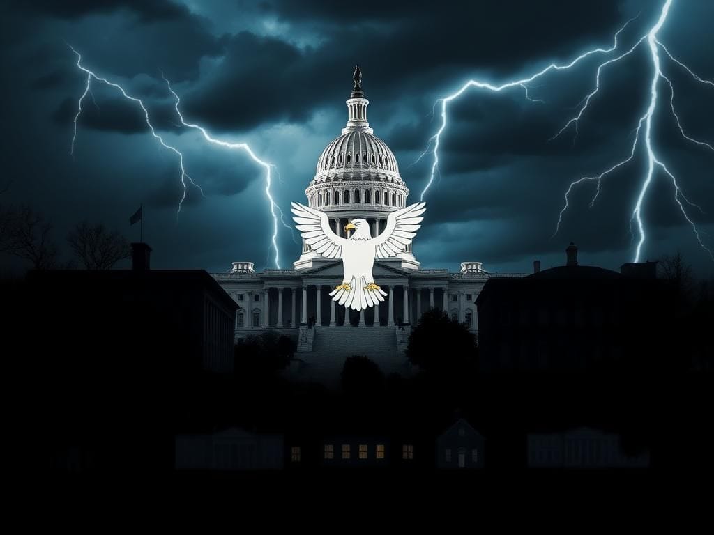 Flick International Dark Capitol building under stormy sky with shadows of symbols indicating scrutiny of private sectors