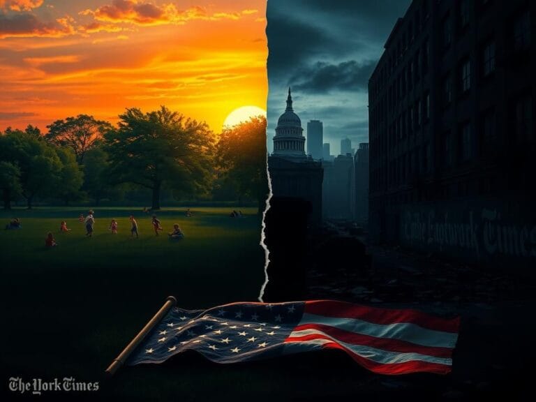 Flick International A split landscape showing a vibrant sunset over a peaceful park versus a dark urban environment symbolizing political division