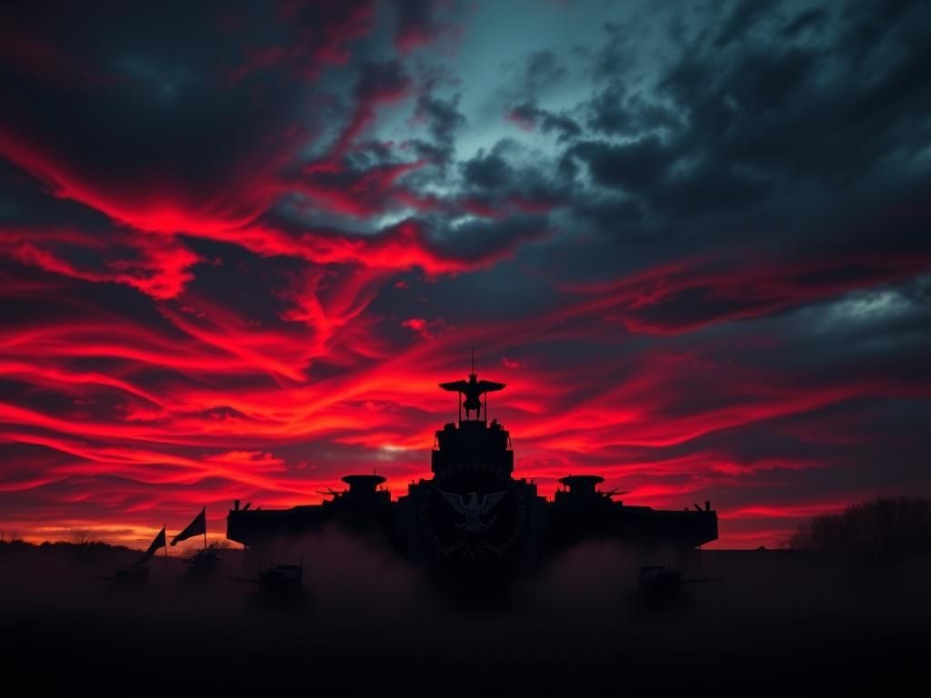 Flick International A military base at dusk with swirling clouds in deep reds and blacks, symbolizing conflict and tension.