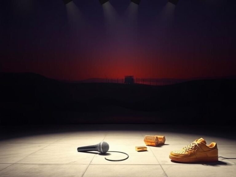 Flick International A stark, powerful landscape with a dimly lit stage and a discarded microphone symbolizing silence