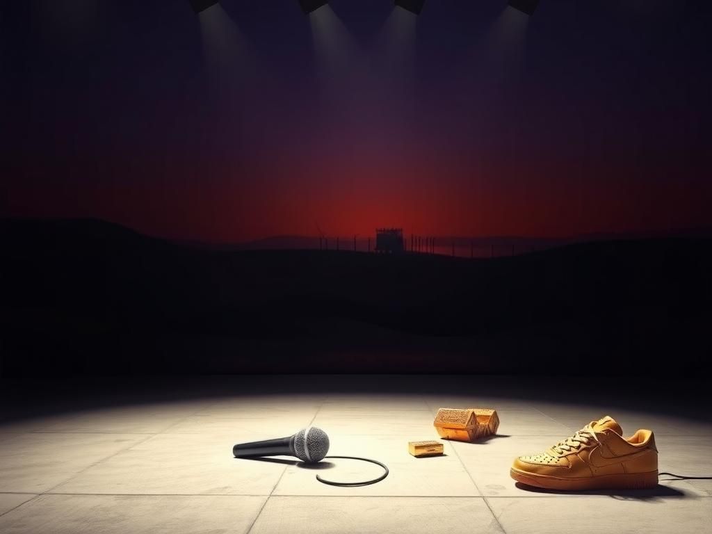 Flick International A stark, powerful landscape with a dimly lit stage and a discarded microphone symbolizing silence