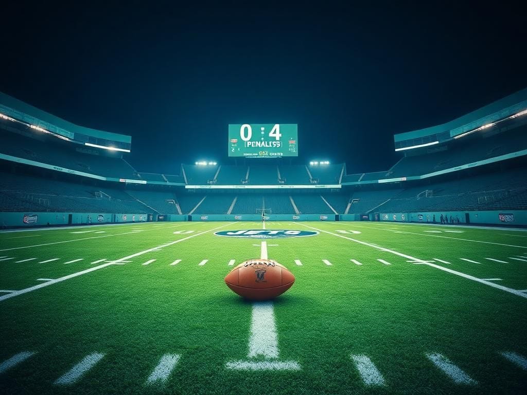 Flick International A dramatic night view of an empty football field with a single football near the 50-yard line and a scoreboard showing 0-4 for the New York Jets.