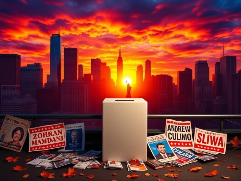 Flick International New York City skyline at sunset with an empty voting booth symbolizing the mayoral race