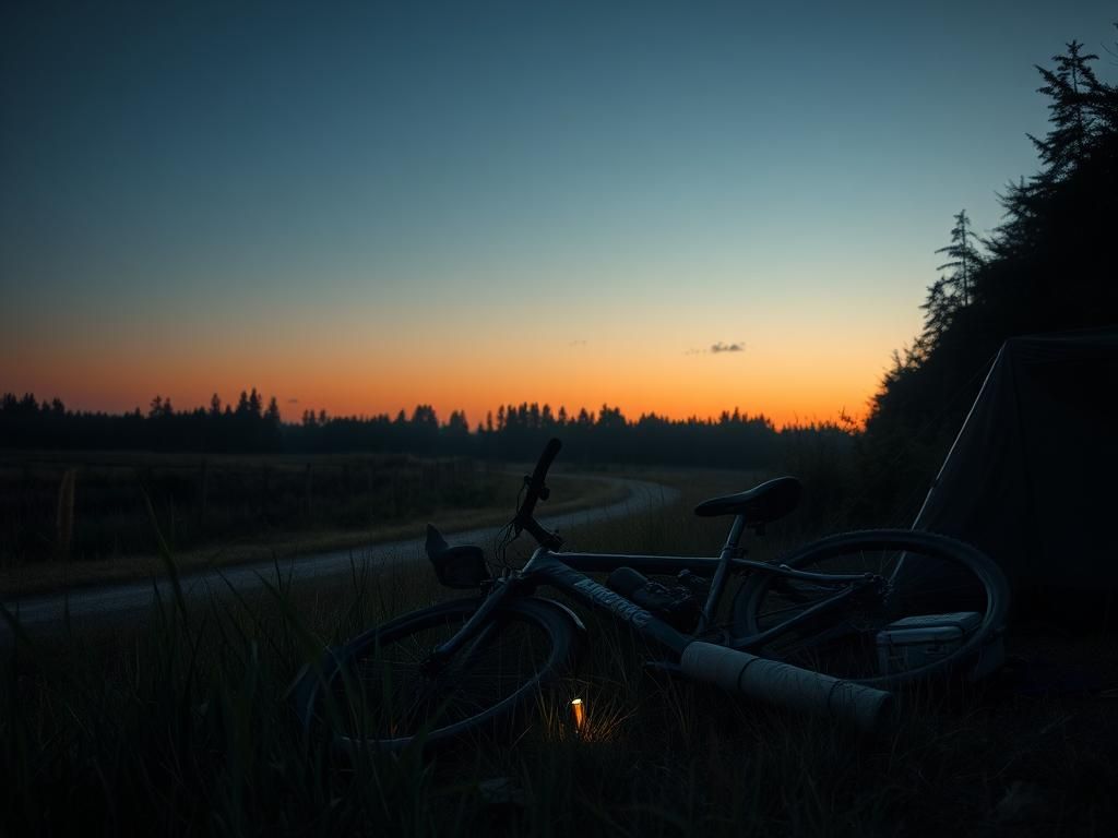 Flick International Abandoned black bicycle and camping gear in a rural landscape depicting a false abduction scenario