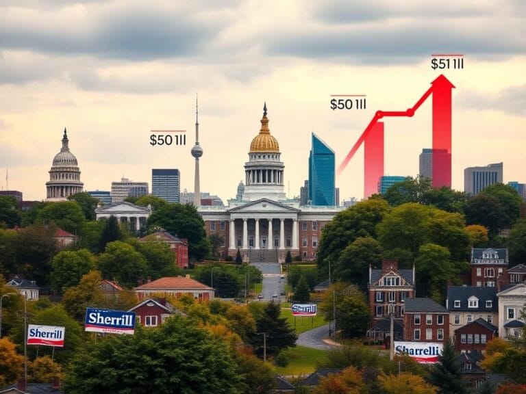 Flick International A vibrant political landscape of New Jersey featuring the iconic State House and campaign signs in blue and red.