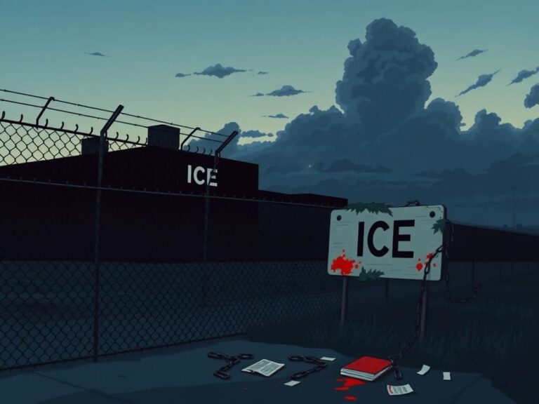 Flick International Dark ICE facility with barbed wire and a weathered sign at twilight