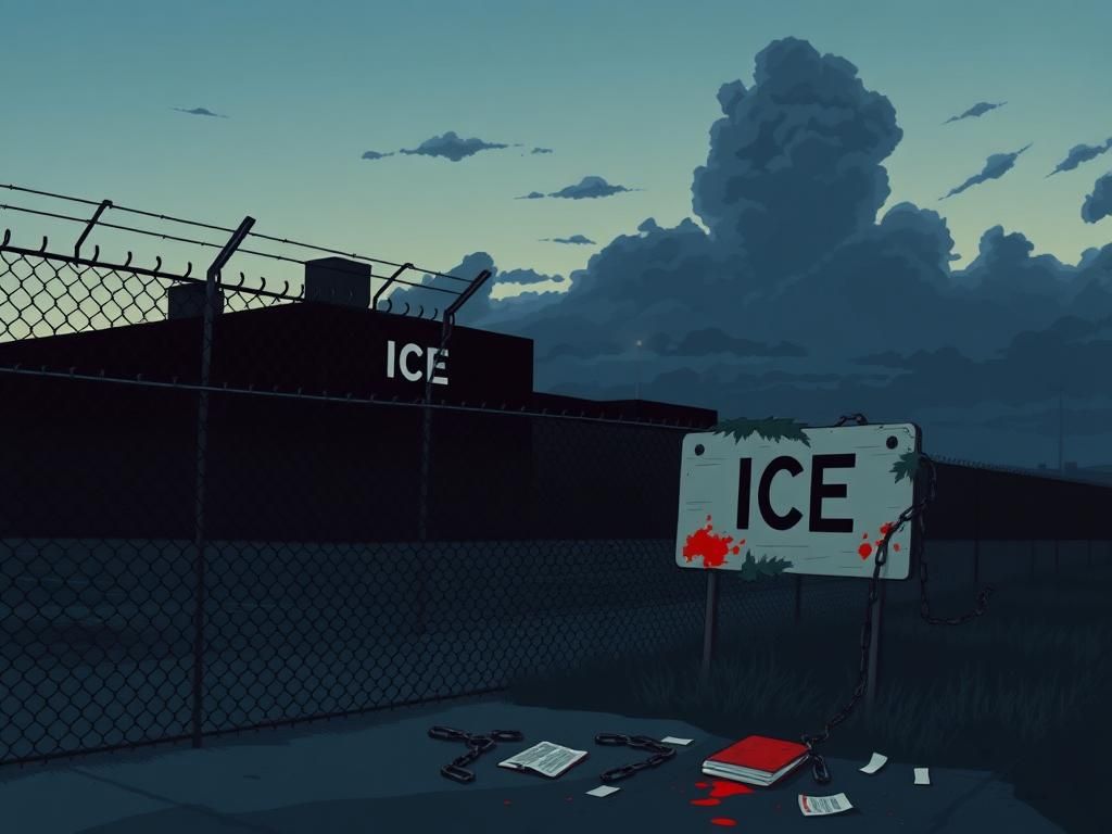 Flick International Dark ICE facility with barbed wire and a weathered sign at twilight