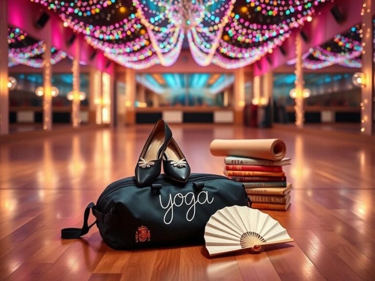 Flick International A pair of ballroom shoes resting on a stylish dance bag in a vibrant dance studio