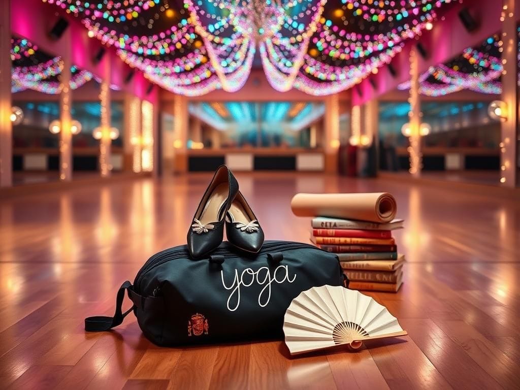 Flick International A pair of ballroom shoes resting on a stylish dance bag in a vibrant dance studio