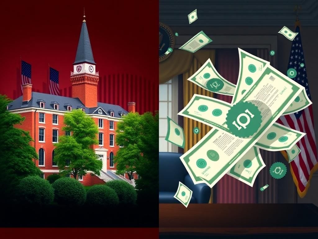 Flick International A split image showing Harvard University's iconic buildings and abstract representations of federal funding negotiations.