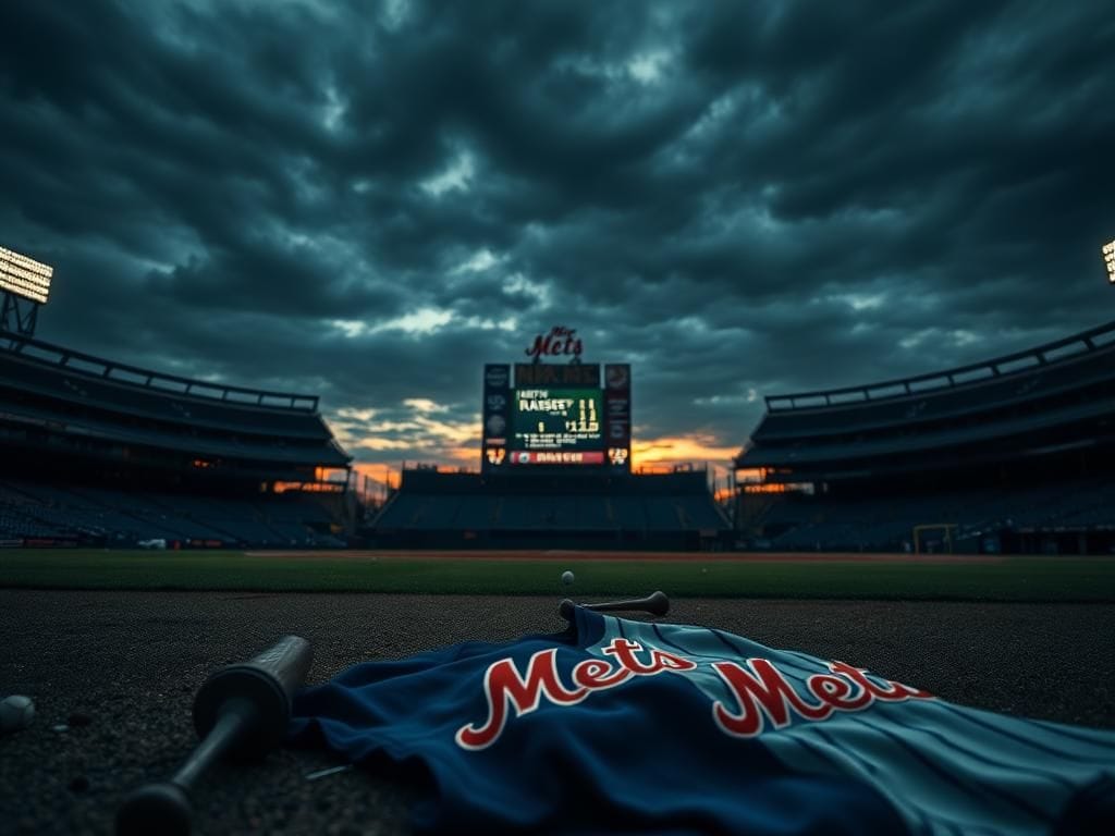 Flick International A twilight scene at the Mets' home field with empty bleachers and a scoreboard indicating a loss, evoking feelings of abandonment.