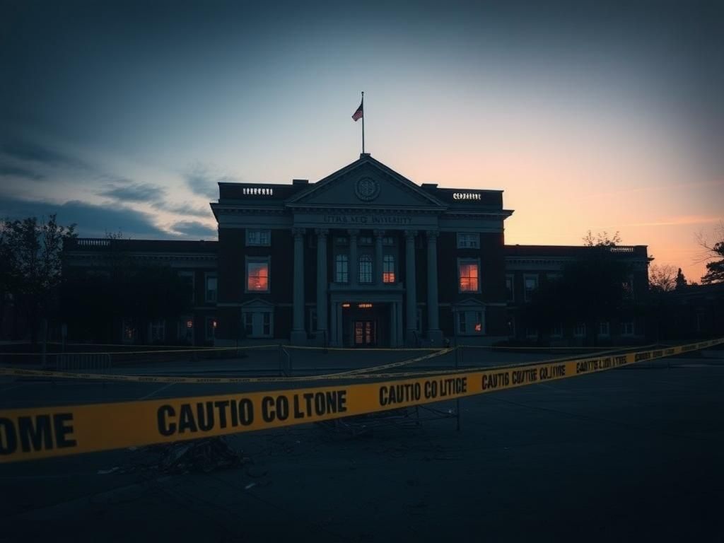 Flick International Exterior view of Old Main at Utah State University with caution tape surrounding a cleared area