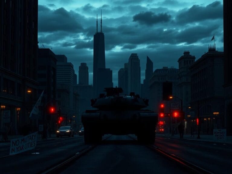 Flick International Silhouette of a military vehicle in front of Chicago skyline at dusk
