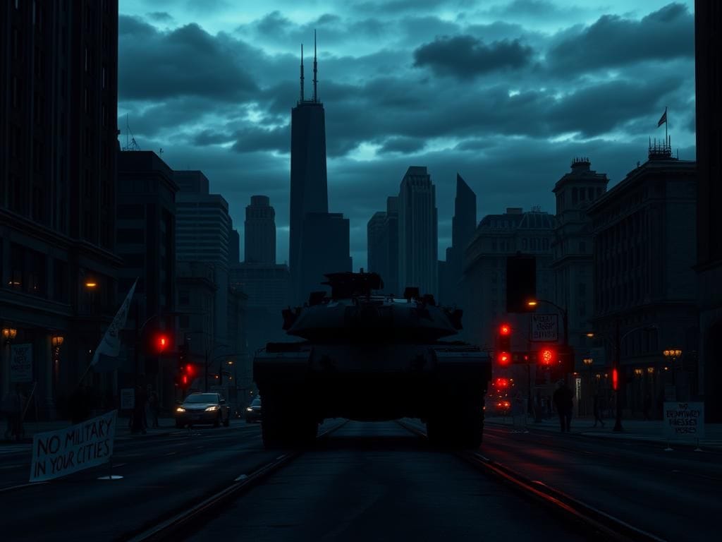 Flick International Silhouette of a military vehicle in front of Chicago skyline at dusk