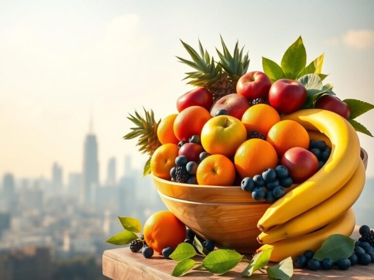 Flick International A vibrant bowl of colorful fruits including apples, oranges, blueberries, and bananas against a hazy city skyline