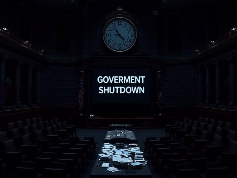 Flick International Empty legislative chamber with dim lighting and empty seats symbolizing political division