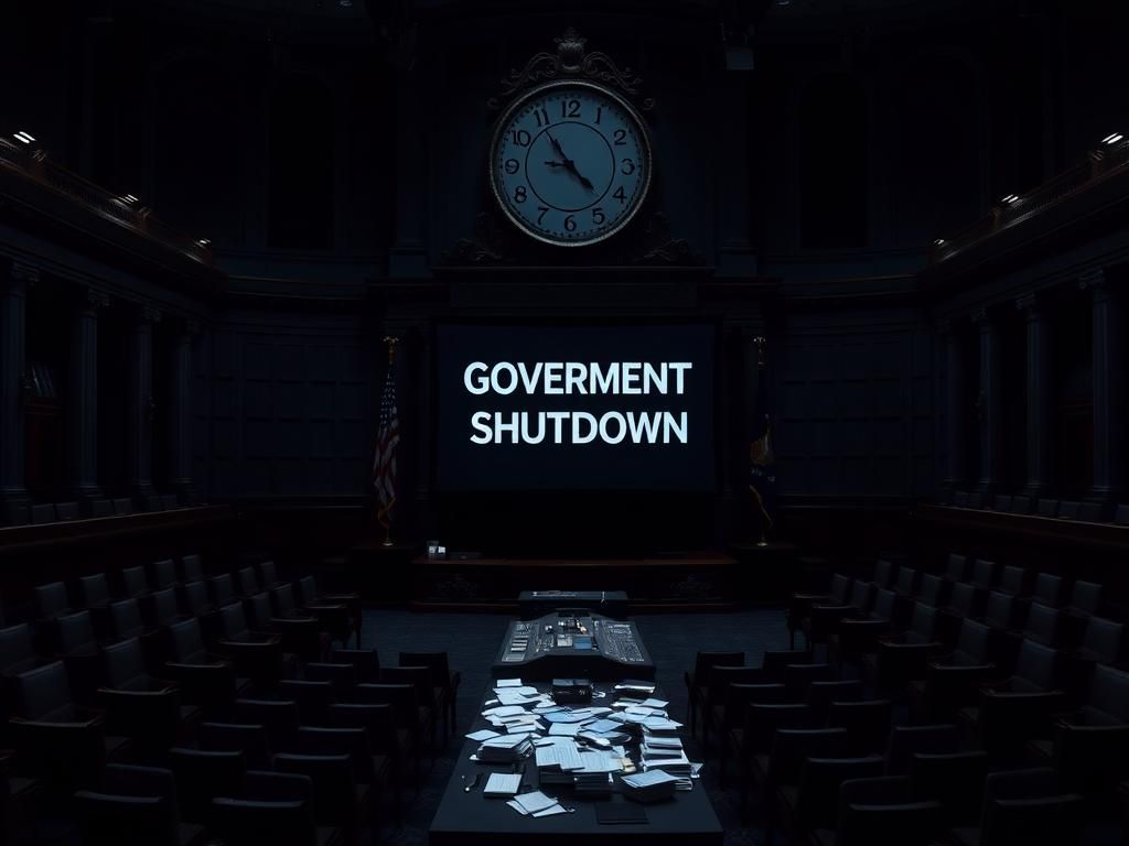 Flick International Empty legislative chamber with dim lighting and empty seats symbolizing political division