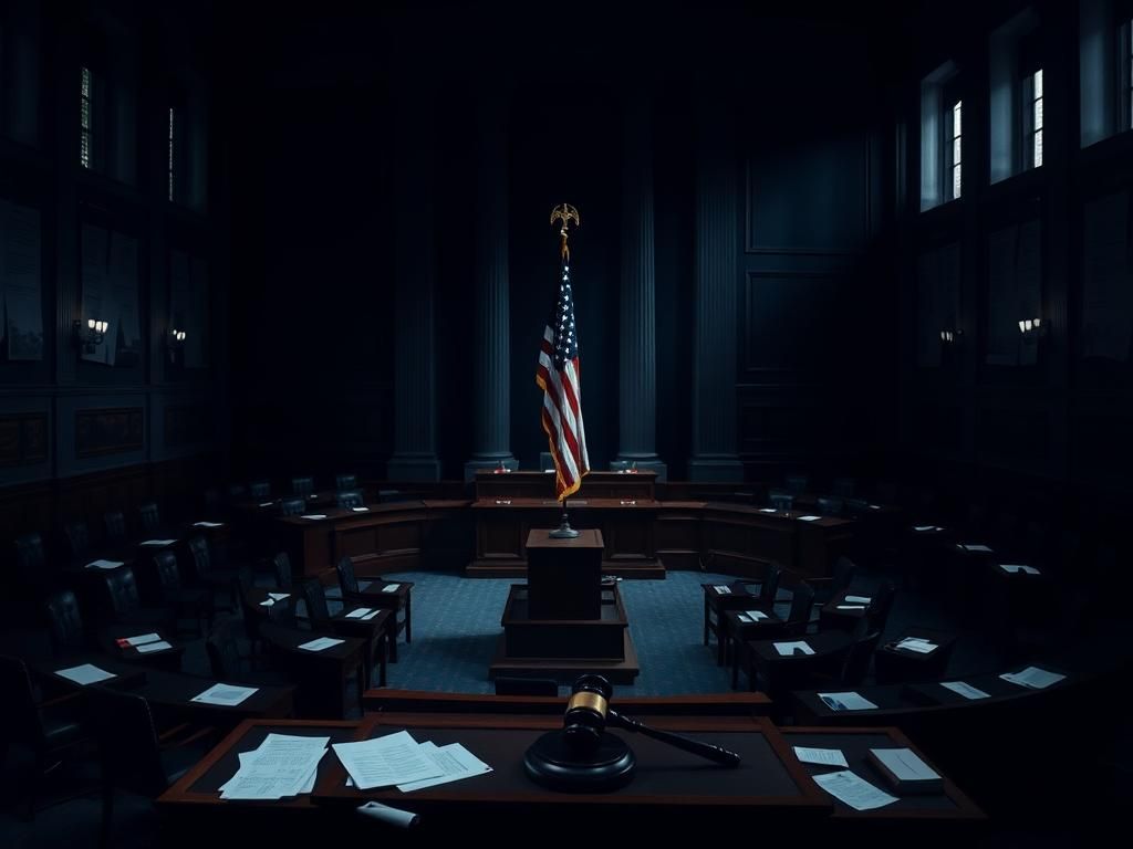 Flick International Dimly lit Senate chamber with empty desks, American flag in foreground, symbolizing political struggle.