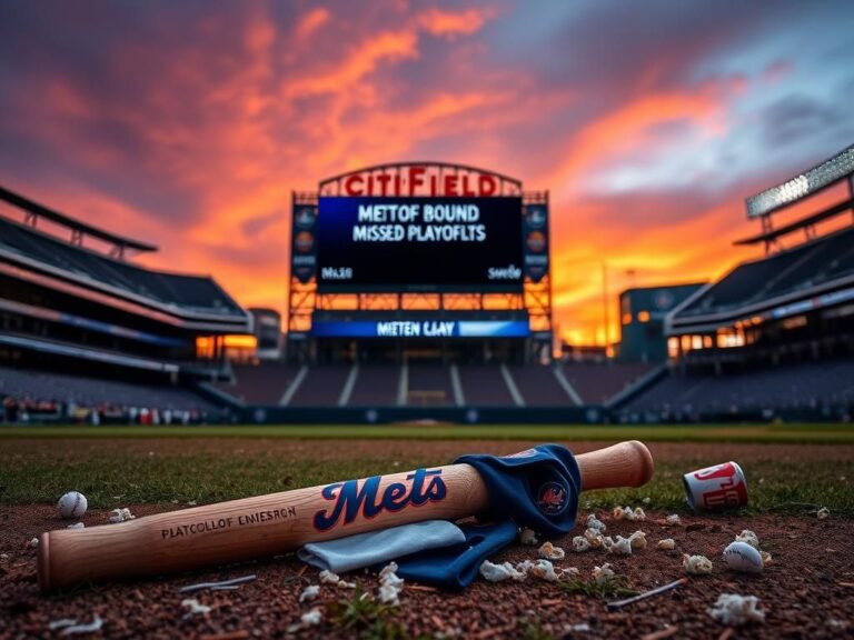 Flick International A broken baseball bat and Mets merchandise on the ground at a half-empty Citi Field during a sunset