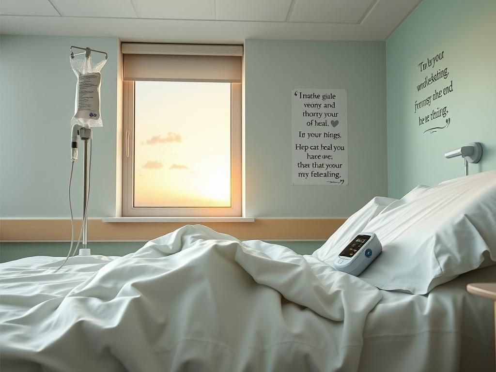 Flick International Kate Gosselin in a serene hospital room with an IV drip and pulse oximeter