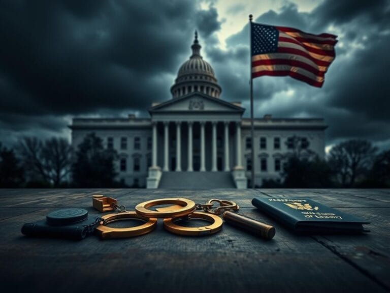 Flick International Dramatic scene of a government building with dark clouds showcasing a sense of impending turmoil.