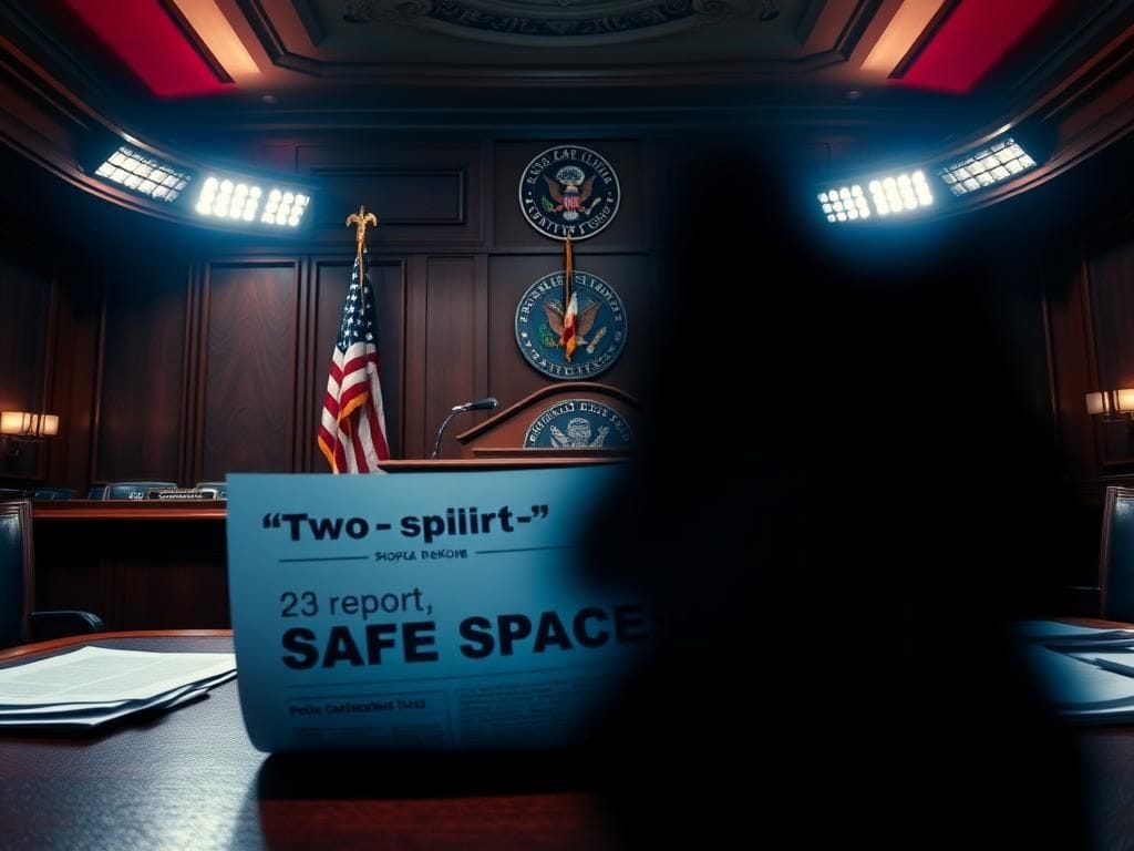 Flick International Tense scene of a Senate hearing with an empty podium and scattered papers