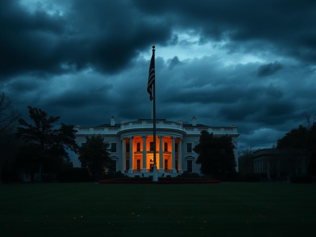 Flick International Exterior view of the White House at twilight with storm clouds