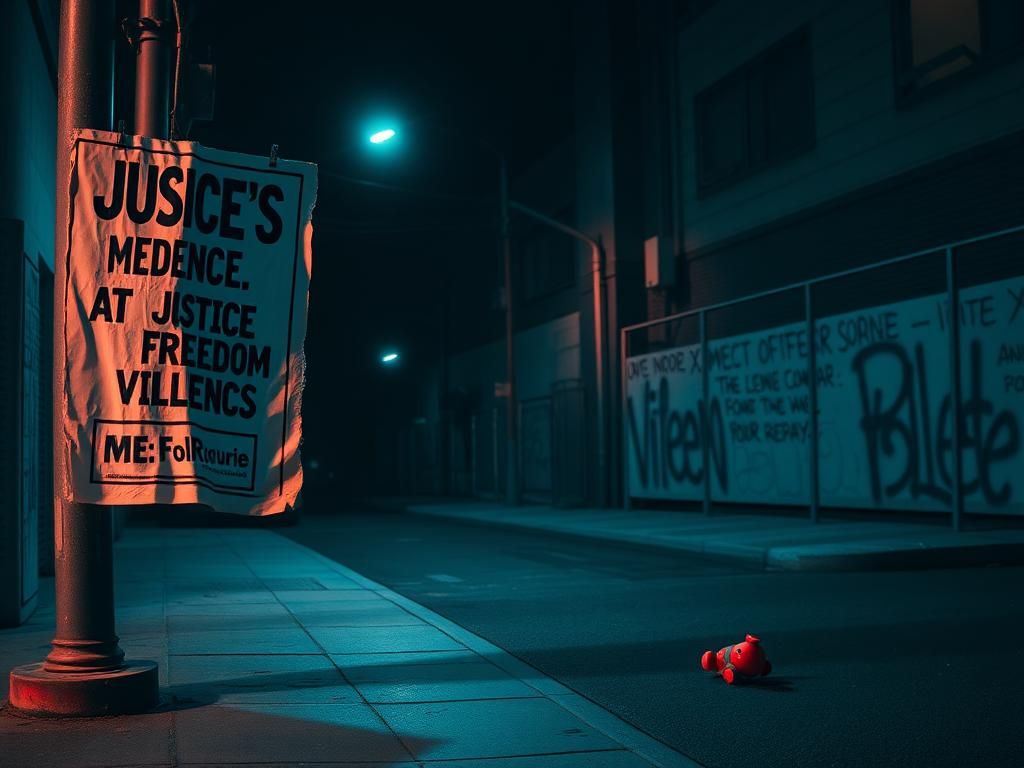 Flick International Desolate urban street with harsh neon lights and a torn political poster symbolizing fractured ideologies