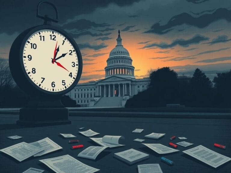 Flick International Illustration of a somber government shutdown scene with a large clock and the United States Capitol