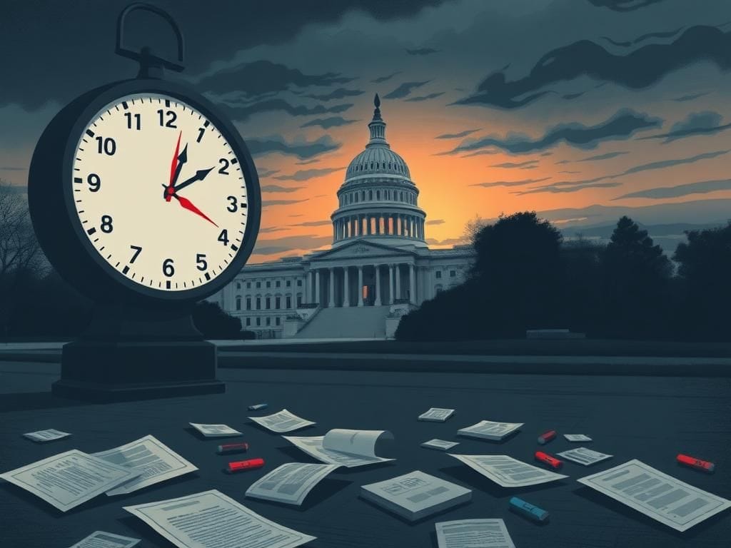 Flick International Illustration of a somber government shutdown scene with a large clock and the United States Capitol
