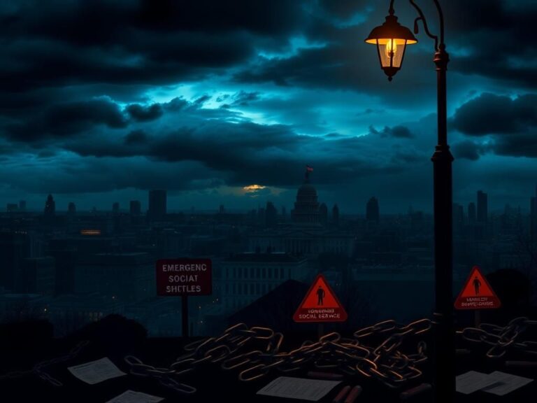 Flick International Darkened cityscape at twilight showcasing government buildings against a stormy sky