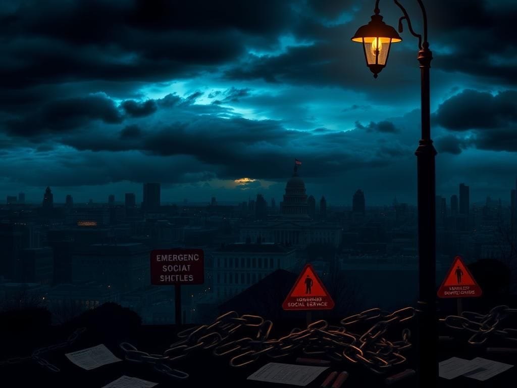 Flick International Darkened cityscape at twilight showcasing government buildings against a stormy sky