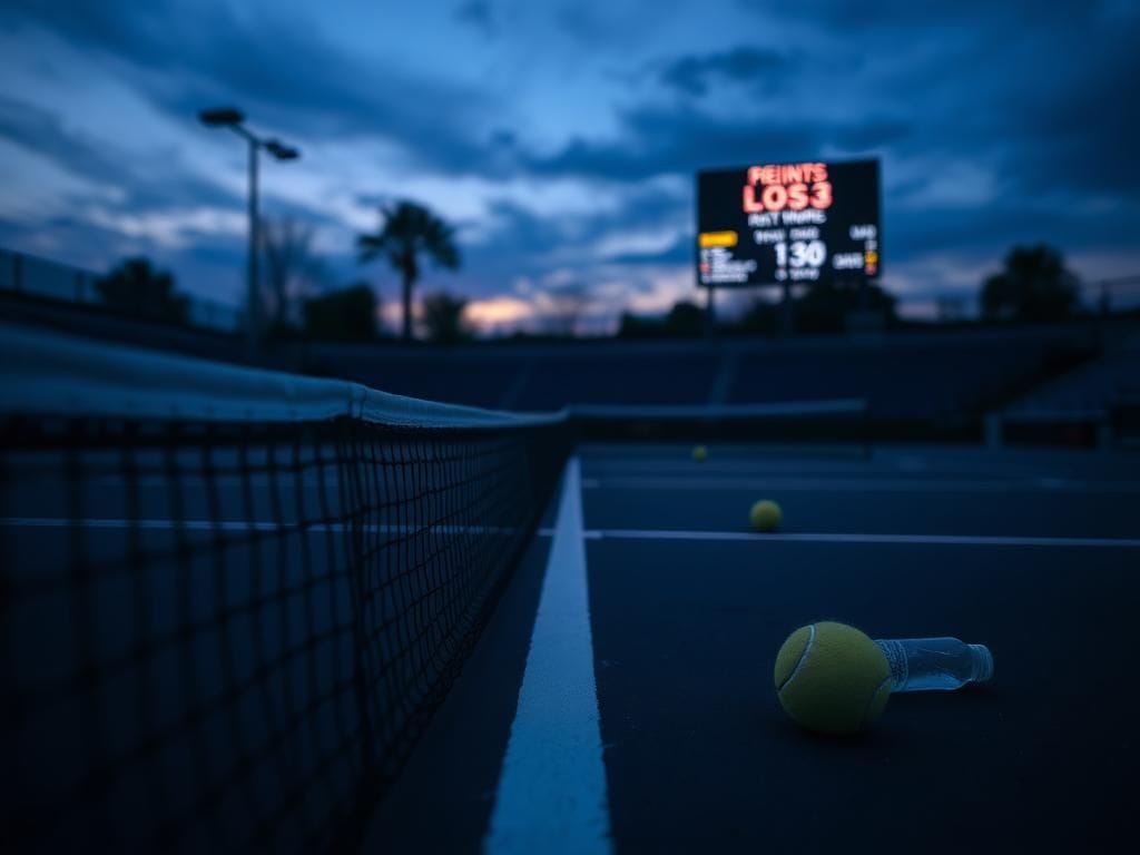 Flick International Empty tennis court at dusk with highlights and scattered balls
