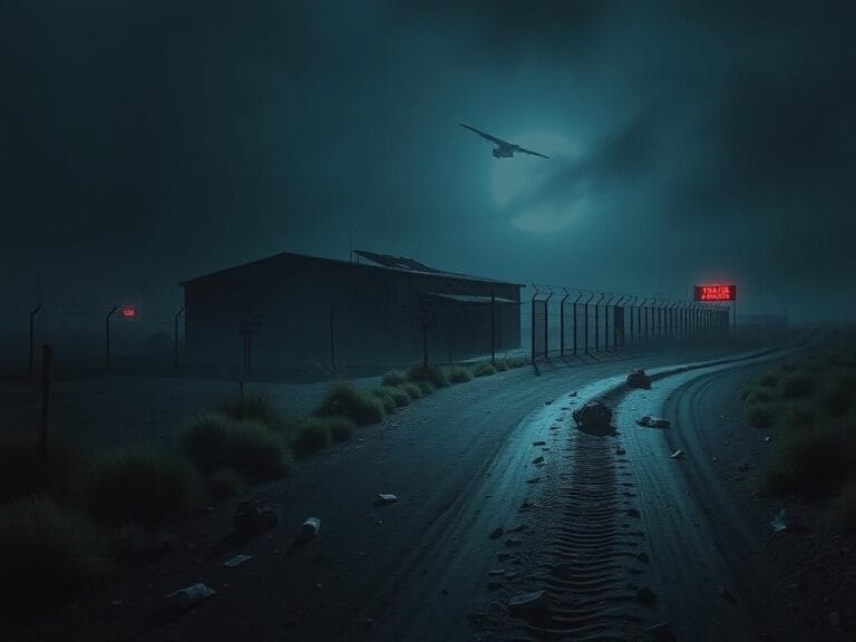 Flick International Dark, moody landscape of a dilapidated warehouse by the US-Mexico border representing cartel operations