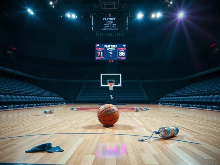 Flick International An empty WNBA basketball court with a basketball near the free throw line, illuminated by bright lights.