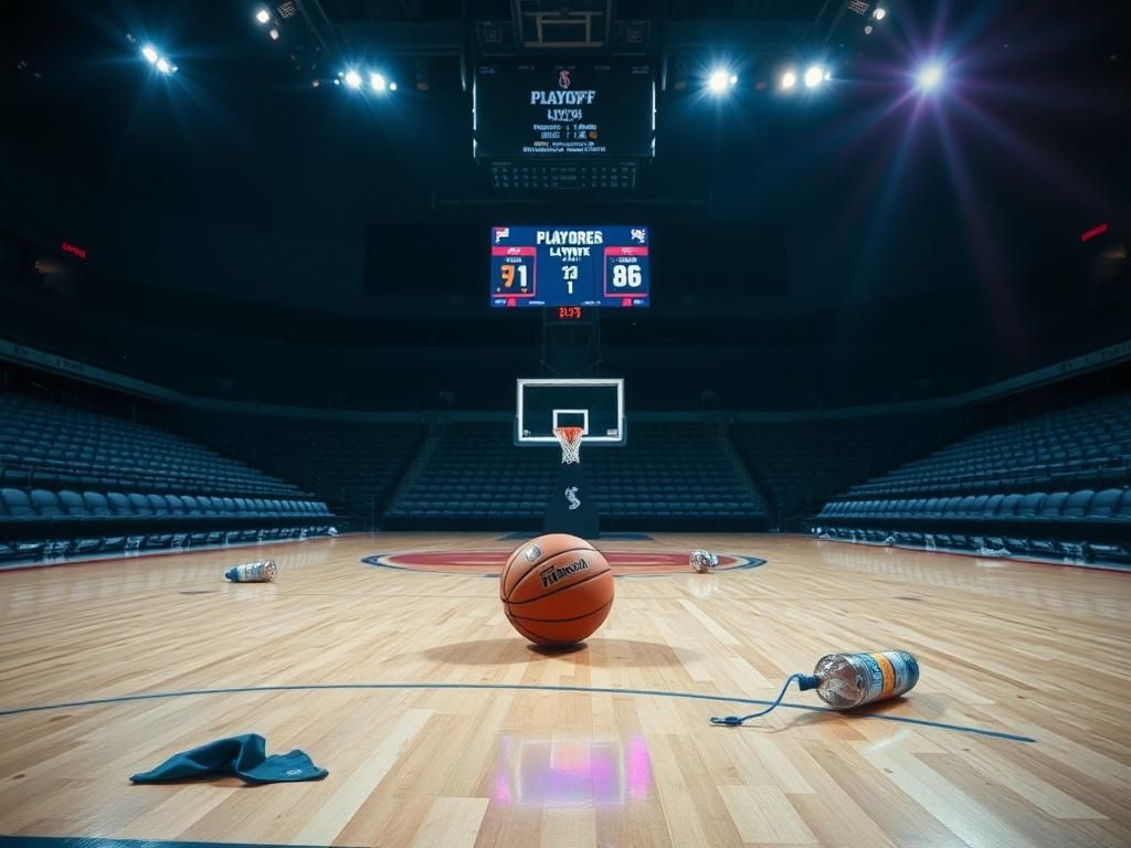 Flick International An empty WNBA basketball court with a basketball near the free throw line, illuminated by bright lights.