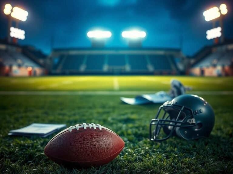 Flick International Dramatic football field scene at dusk with a well-worn football