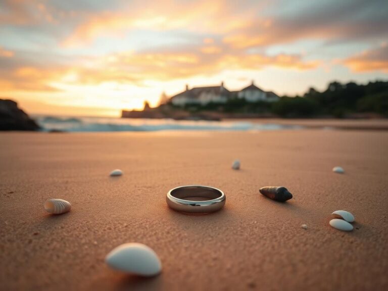 Flick International Sandy beach at sunset with wedding bands symbolizing unity