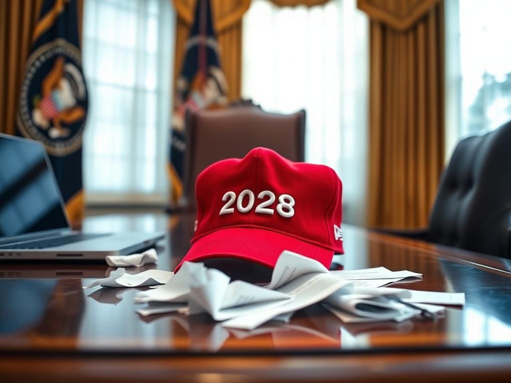 Flick International Close-up of a red 'Trump 2028' hat on a polished wooden desk in the Oval Office