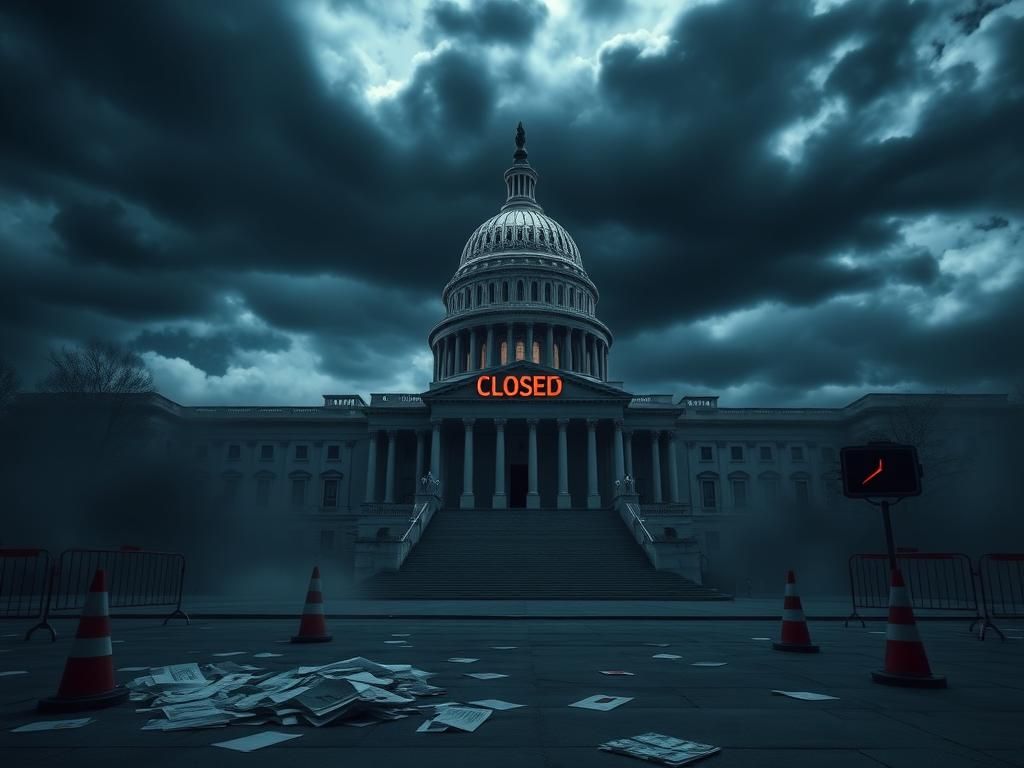Flick International Dimly lit U.S. Capitol Building with CLOSED signs, symbolizing government shutdown