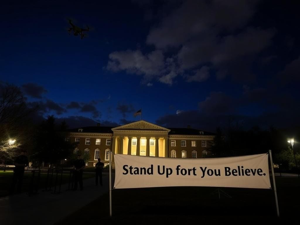 Flick International Nighttime scene at Utah State University with illuminated building and security presence