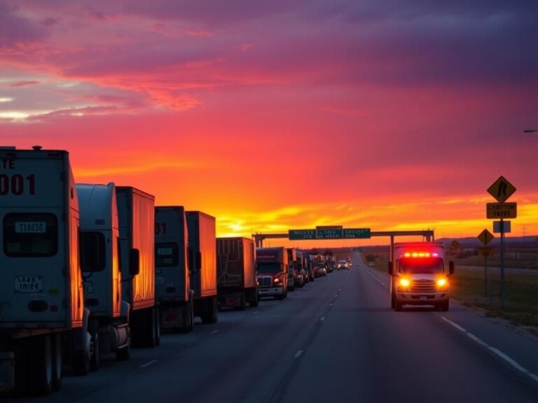 Flick International Sunset over Interstate 40 with 18-wheeler trucks and highway patrol vehicle
