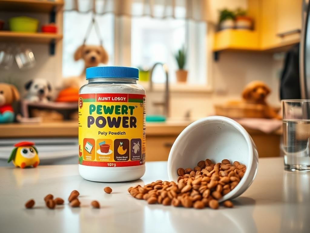 Flick International Neatly organized kitchen scene with a dog food jar and spilled bowl