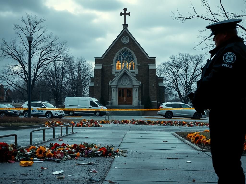 Flick International Exterior view of Annunciation Catholic Church surrounded by police tape after shooting incident