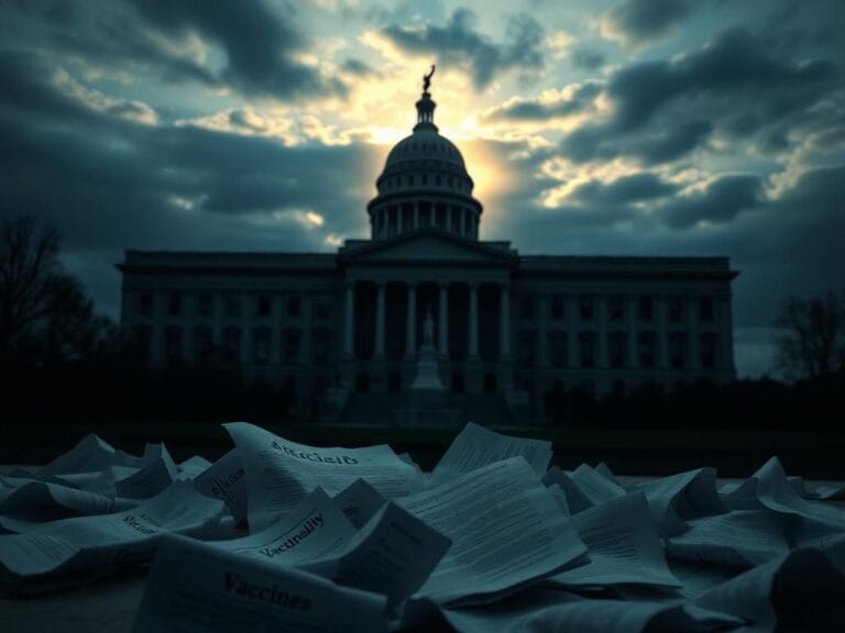 Flick International Dramatic depiction of the U.S. Department of Health and Human Services building shrouded in shadows with crumpled CDC documents in the foreground